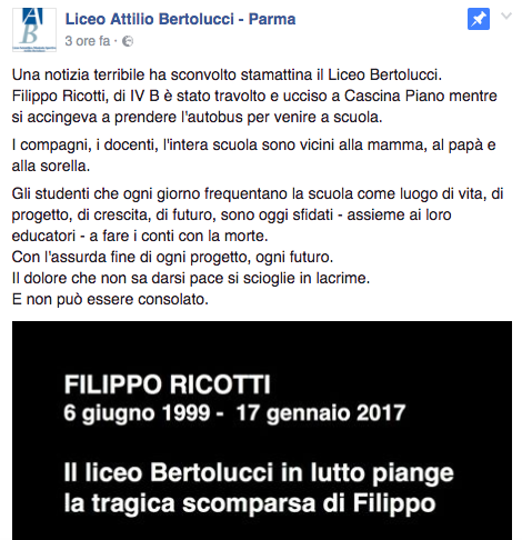 incidente muore 17enne Filippo Ricotti liceobertolucci