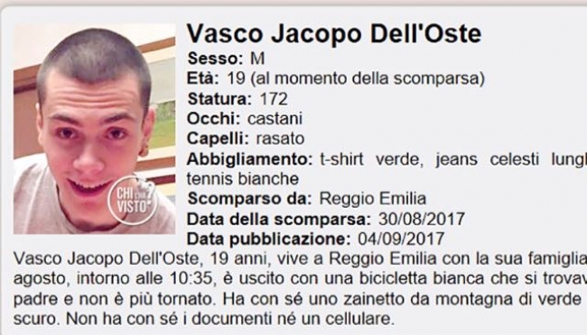 Scomparso (di nuovo) Vasco Jacopo Dell&#039;Oste. Il caso del diciannovenne reggiano a &quot;Chi l&#039;ha visto?&quot;