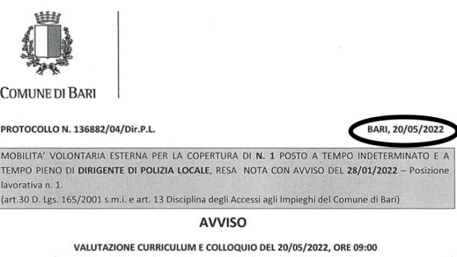 Caso Cassano: il documento del colloquio al Comune di Bari per il posto da Comandante della Polizia Municipale